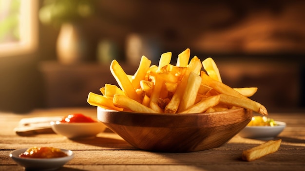 French fries on wooden table in the restoran