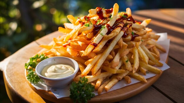 French fries on wooden table