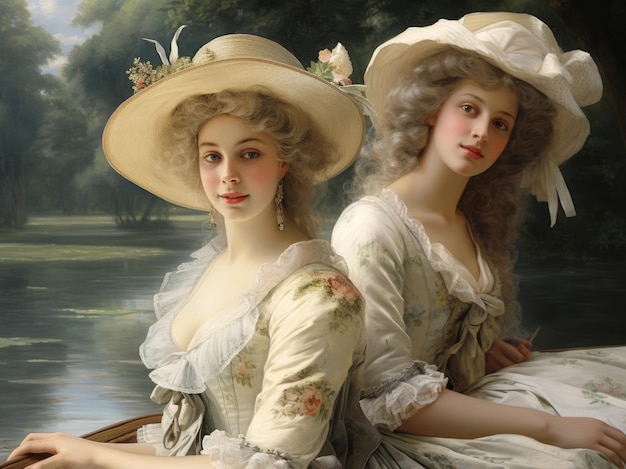 French girls on the river closeup in the 18th century