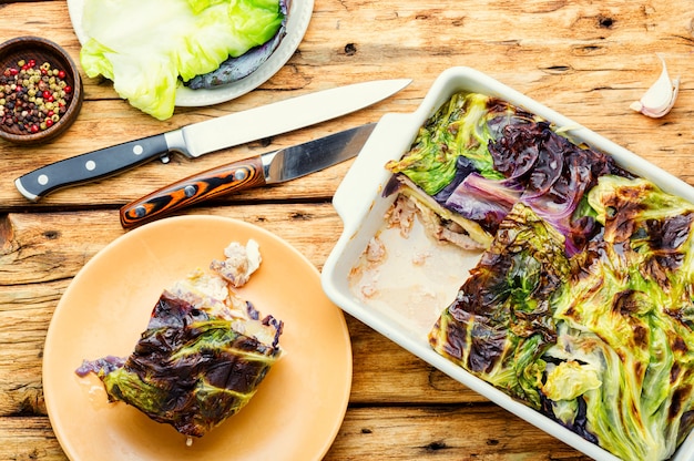 french gratin with cabbage and potatoes.vegetable gratin.healthy food.vegetable casserole.