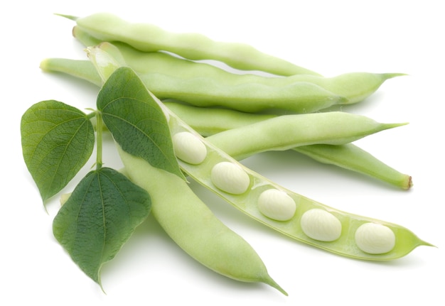 French green bean vegetable with leaf on a white background