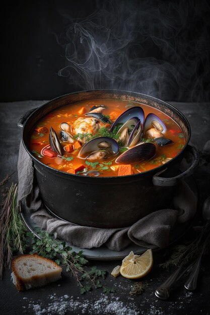 French hot soup Bouillabaisse with clams fish soup Illustration AI Generative