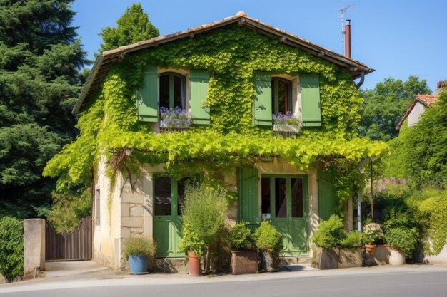 French house with hipped roof covered in climbing ivy