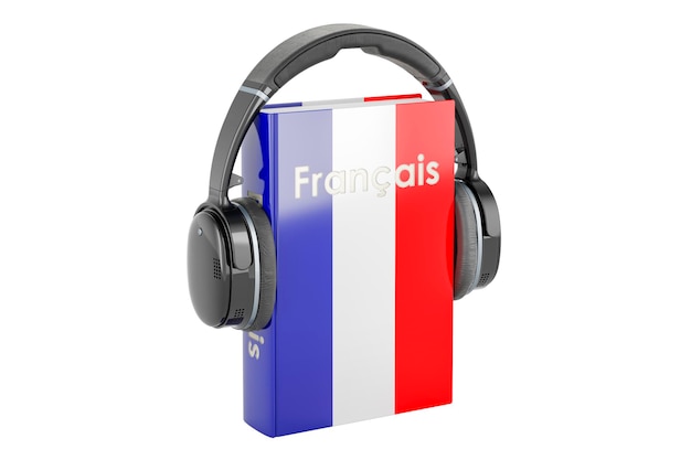 French language textbook with headphones Learn French language classes 3D rendering isolated on white background