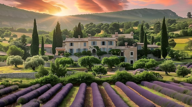 French lavender flowers field traditional house and mountains at sunset