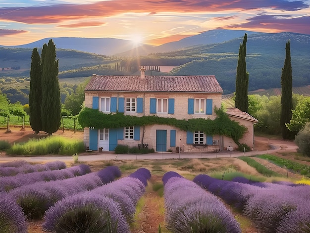 French lavender flowers field traditional house and mountains at sunset