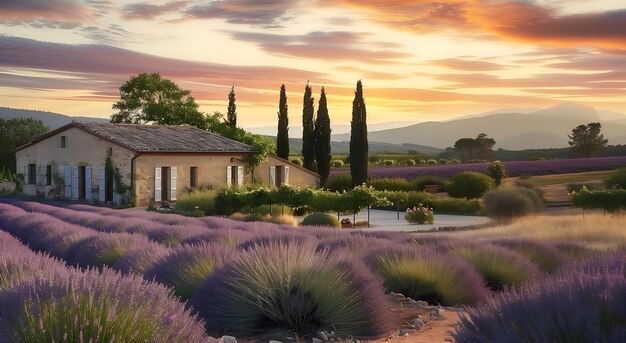 French lavender flowers field traditional house and mountains at sunset