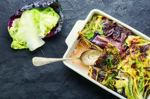 french lean gratin with cabbage and potatoes.vegetable gratin.vegetarian food.healthy food.