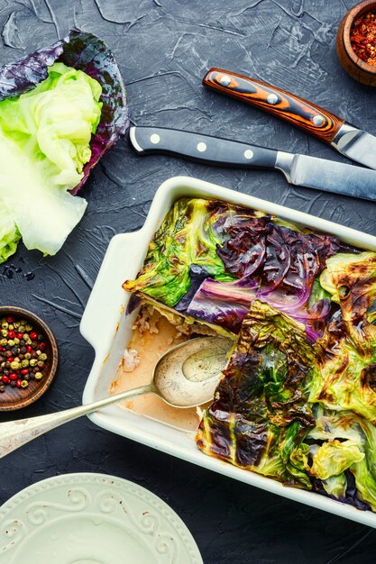 French lean gratin with cabbage.Vegetable gratin.Vegetarian food.Vegetable casserole.