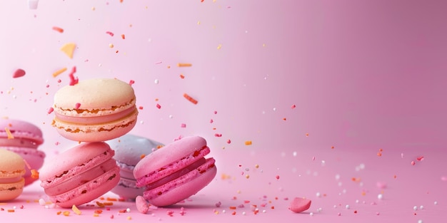 Photo french macaron biscuit assortment pastel pink background minimalist colorful of macaroon copy space