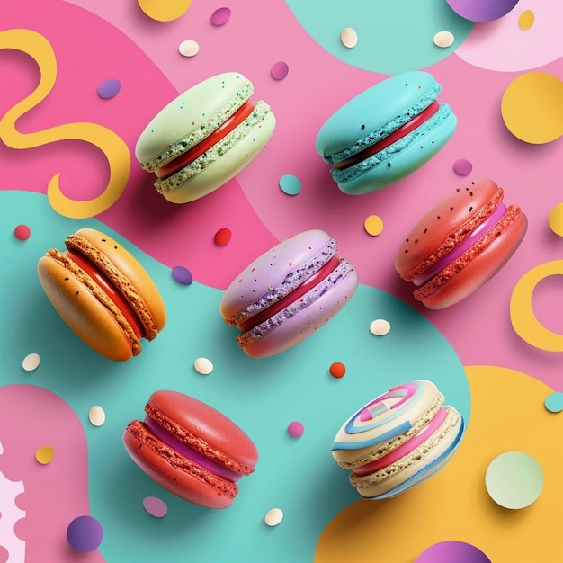 French macaron cakes on abstract background