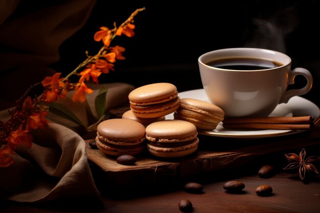 french macarons on a plate with tea and coffee in the style of dark orange and light bronze
