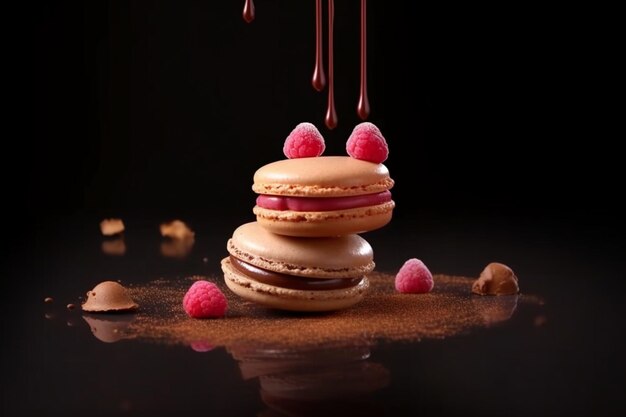 french macaroon cake levitating on a dark background