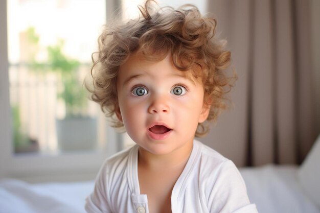 An french male infant with wavy hair with a surprised expression