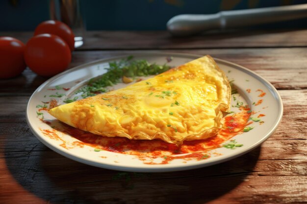 Foto omelette francese con erbe in un piatto bianco con pomodori su un tavolo di legno