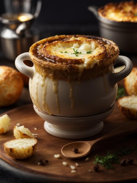 Foto zuppa di cipolla francese zuppa di manzo e cipolle caramellate fotografia cinematografica di cibo