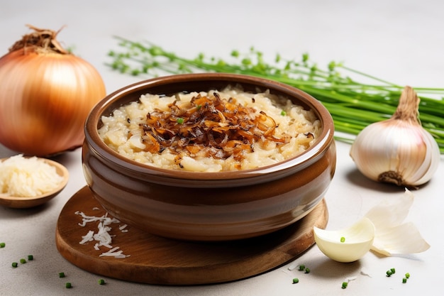 French onion soup porridge with shallot shavings served in a bright beige bowl A comforting and deli