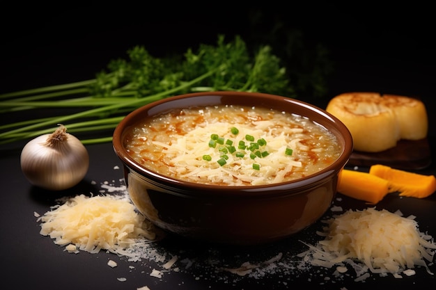 French onion soup porridge with shallot shavings served in a bright beige bowl A comforting and deli