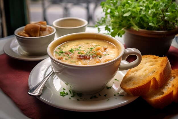 French onion soup with croutons served on the cafe table