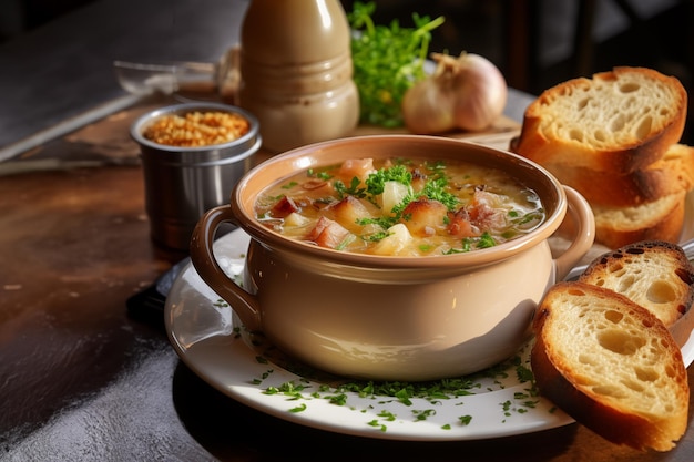 フランス の 洋<unk> スープ と クルートン が テーブル に 提供 さ れ て い ます