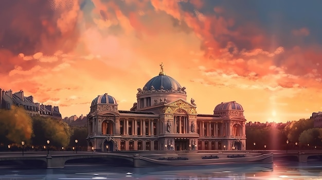 French Opera in Paris France Scenic skyline against sunset skyTravel background Generative Ai