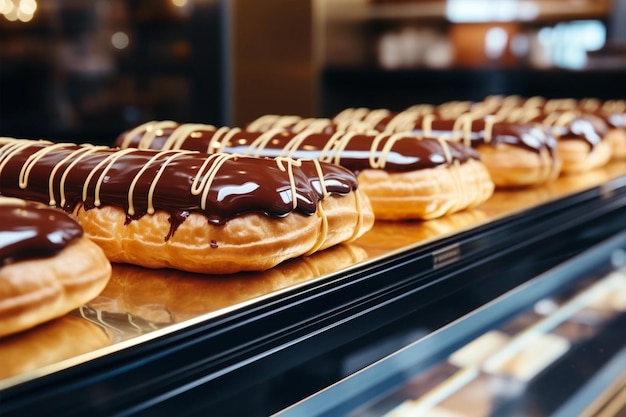 Photo french pastries eclairs cakes on display in european bakery shop