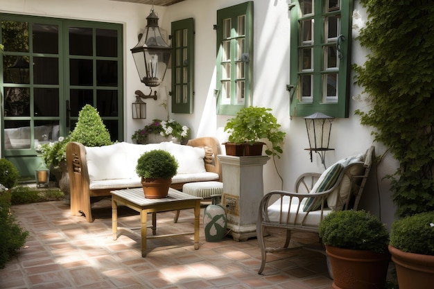 French patio with potted plants lanterns and lounge chairs