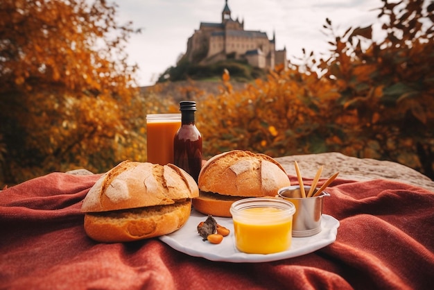 French picnic in autumn with mont saintmichel on background Generative AI