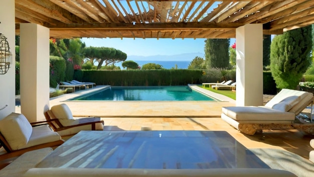 a French Riviera Villa Exterior with a pool in the background