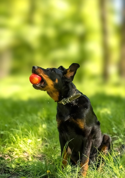 French Shepherd grabs an apple during a trick