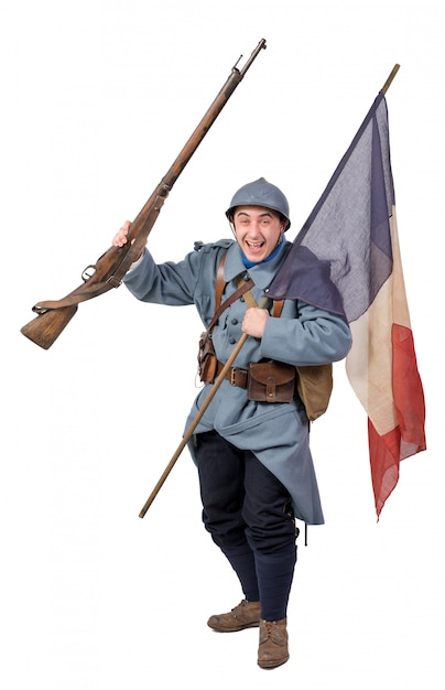 French soldier, with flag, isolated on white 