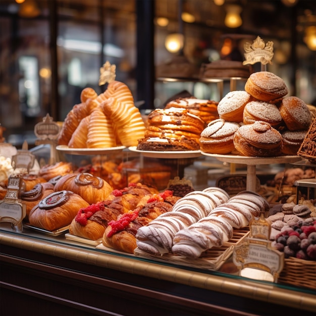 French sweet bakery pastry display in bakery