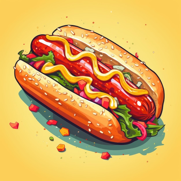 French tasty hotdog on color bright background Fast food in 90s style