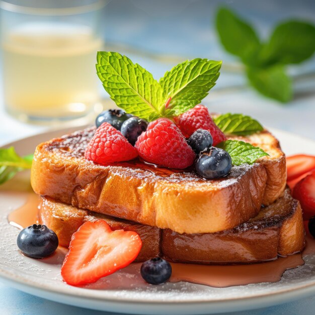 French toast decorated with mint leaves and ripe berries blurred backgroundcloseup