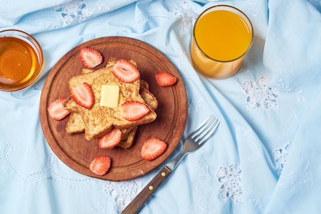 French toast garnished with strawberries Healthy morning breakfast