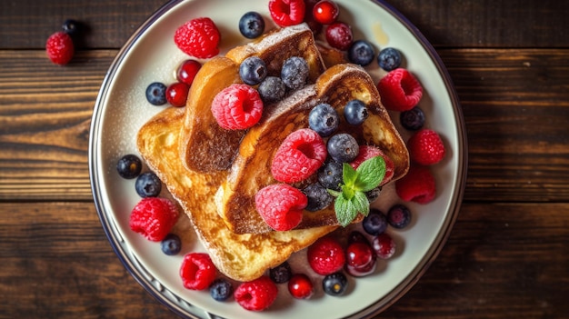 French toast in white plate with many berry fruits top down view