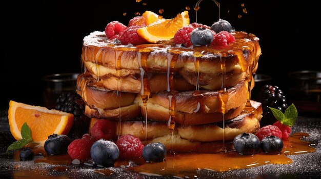 french toast with melted maple syrup and fruit topping on it black background and blur