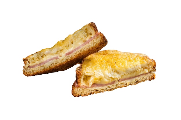 French toasts Croque monsieur and croque madame grilled sandwiches on brioch bread with sliced ham melted emmental cheese and egg Isolated on white background