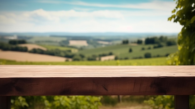 Foto un vigneto francese funge da struttura offuscata per un tavolo di legno pulito. risorsa creativa generata dall'ia