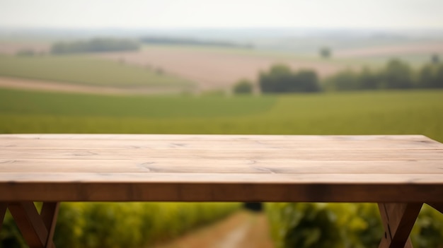 フランスのブドウ畑が、清潔な木製テーブルの曇った施設として機能 AI が生成したクリエイティブ リソース