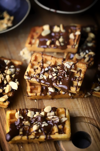 French waffles with chocolate and nuts