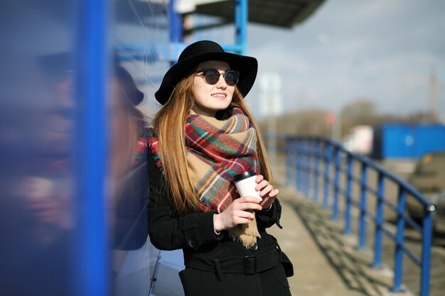 French woman for a walk in grocery stores outdoor