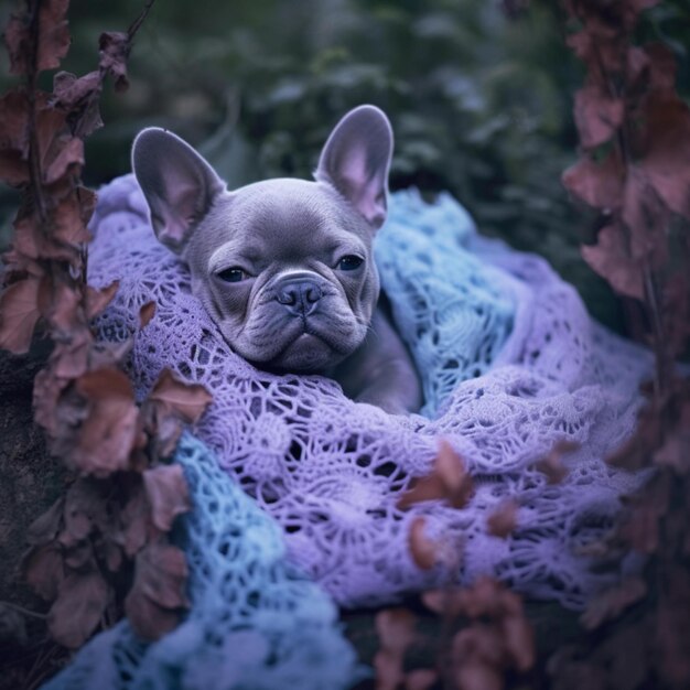 Photo a frenchie puppy is wrapped in a purple blanket