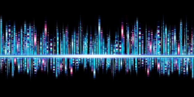 Spettro di frequenza dell'illustrazione 3d delle strisce luminose dell'equalizzatore dell'onda sonora blu della musica