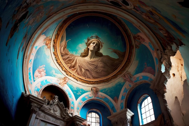 Photo frescoes on dome of abandoned church look frightening