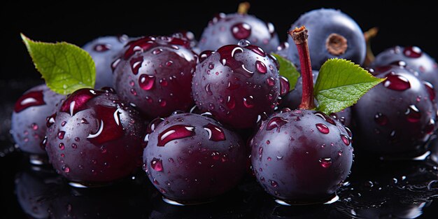 Fresh Acai Berry with Water Droplets Isolated on a Black Background Euterpe Oleracea Generative AI