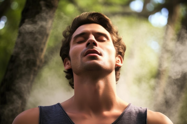 Fresh Air Breathing Attractive Man Taking Deep Breath Outdoors for Relaxation and Exercise