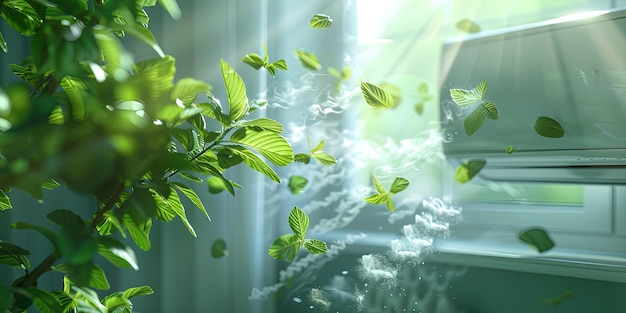 fresh air coming from an air conditioner or humidifier mint leaves the concept of freshness