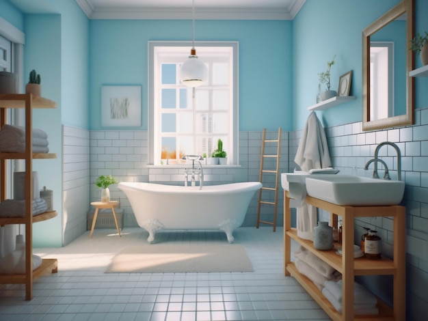 Fresh and airy light blue bathroom interior AI Generate