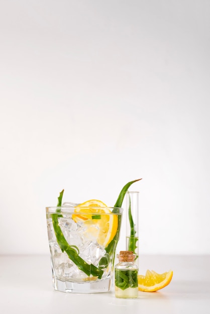 Fresh aloe vera leaves and aloe vera juice in glass on white background